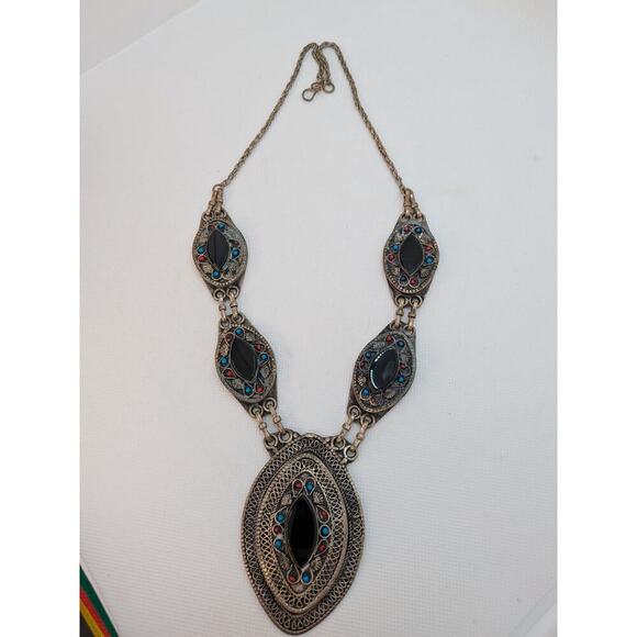 Afghan Indian Handmade Tribal Boho Vintage Necklace with Black Onyx Blue & Red - Picture 4 of 7